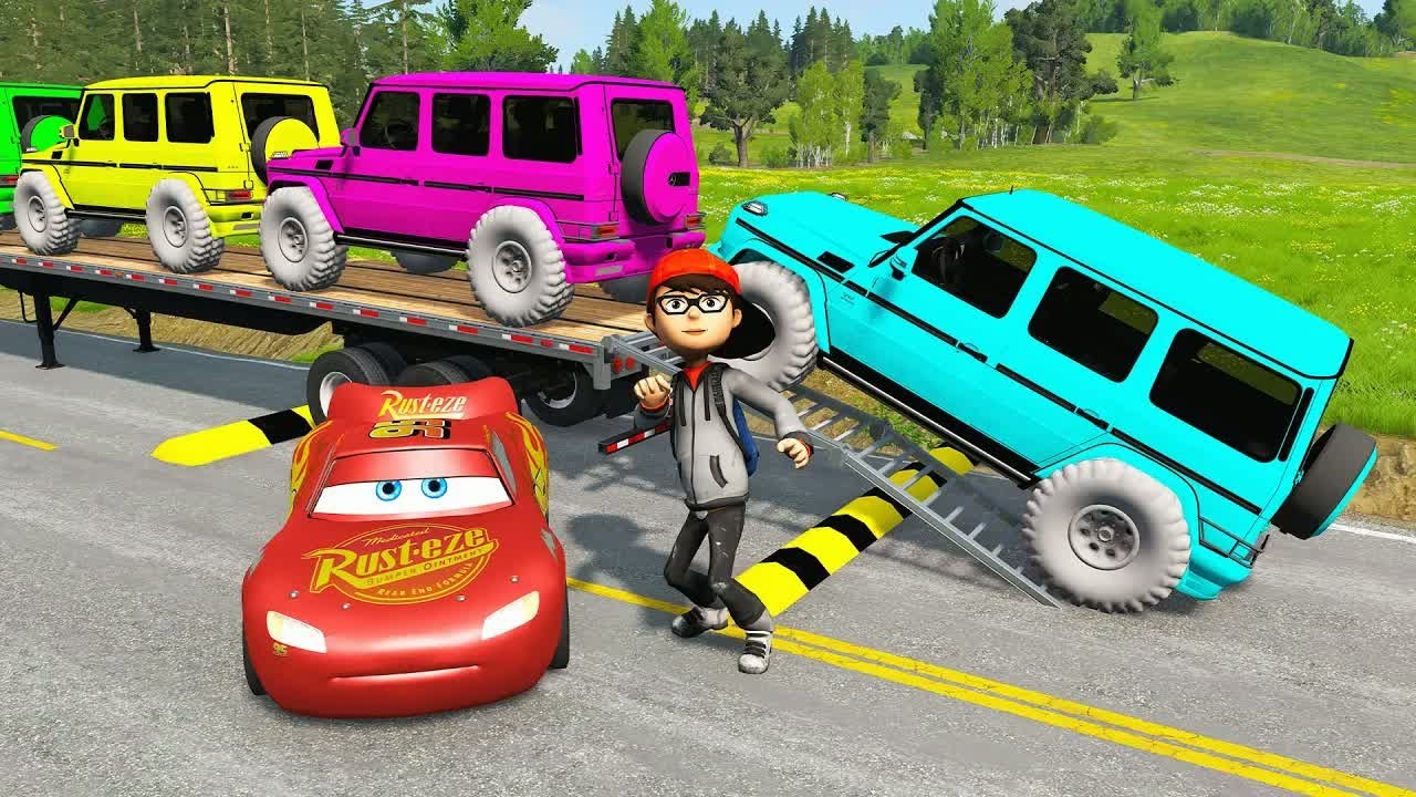 Flatbed Trailer McQueen Transportation with Truck - Speedbumps vs Cars vs Train - BeamNG.Drive #58