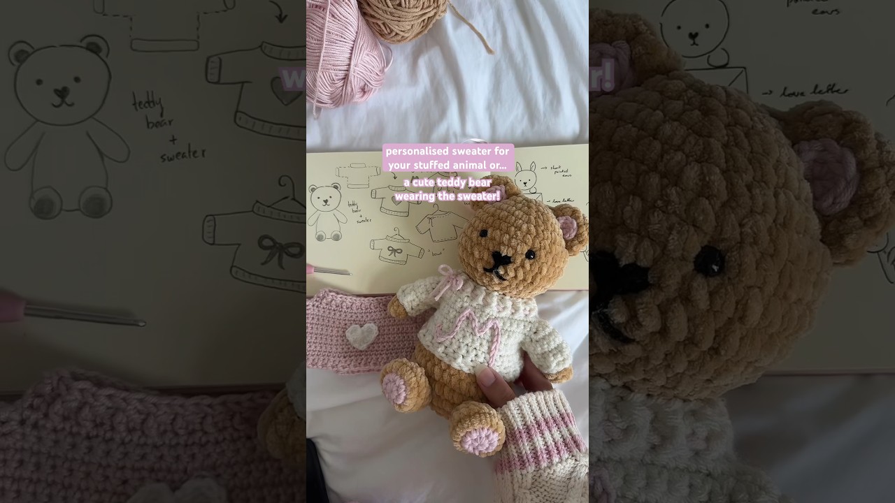 cute & easy #crochet teddy bear wearing a sweater, #crochettutorial is on my channel! #crocheting 🎀