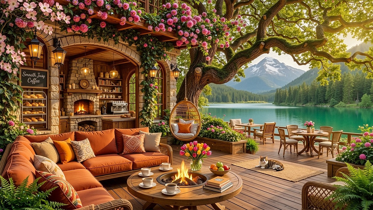 Fresh Spring Morning at Cozy Coffee Porch Ambience | Sweet Jazz Music & Crackles Fire to Unwind