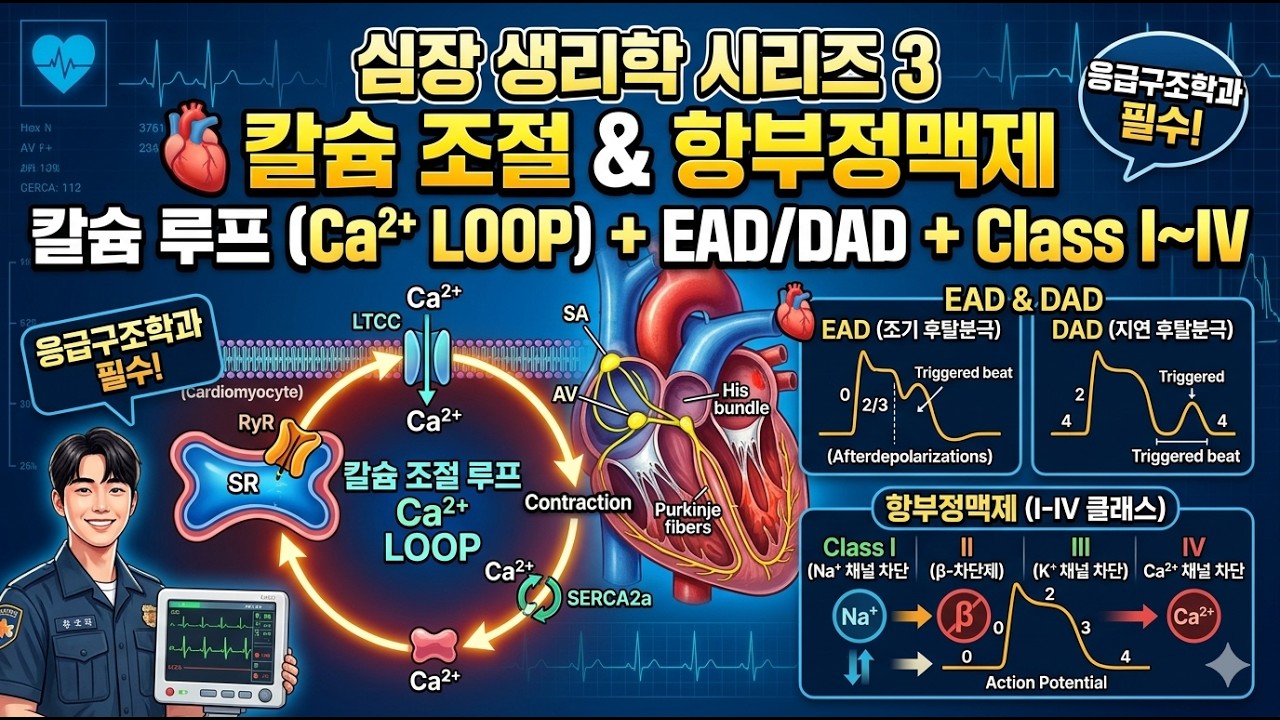 심장 생리학 시리즈 3. 칼슘 조절(Ca²⁺ 루프) + EAD/DAD + 항부정맥제(Class I~IV)