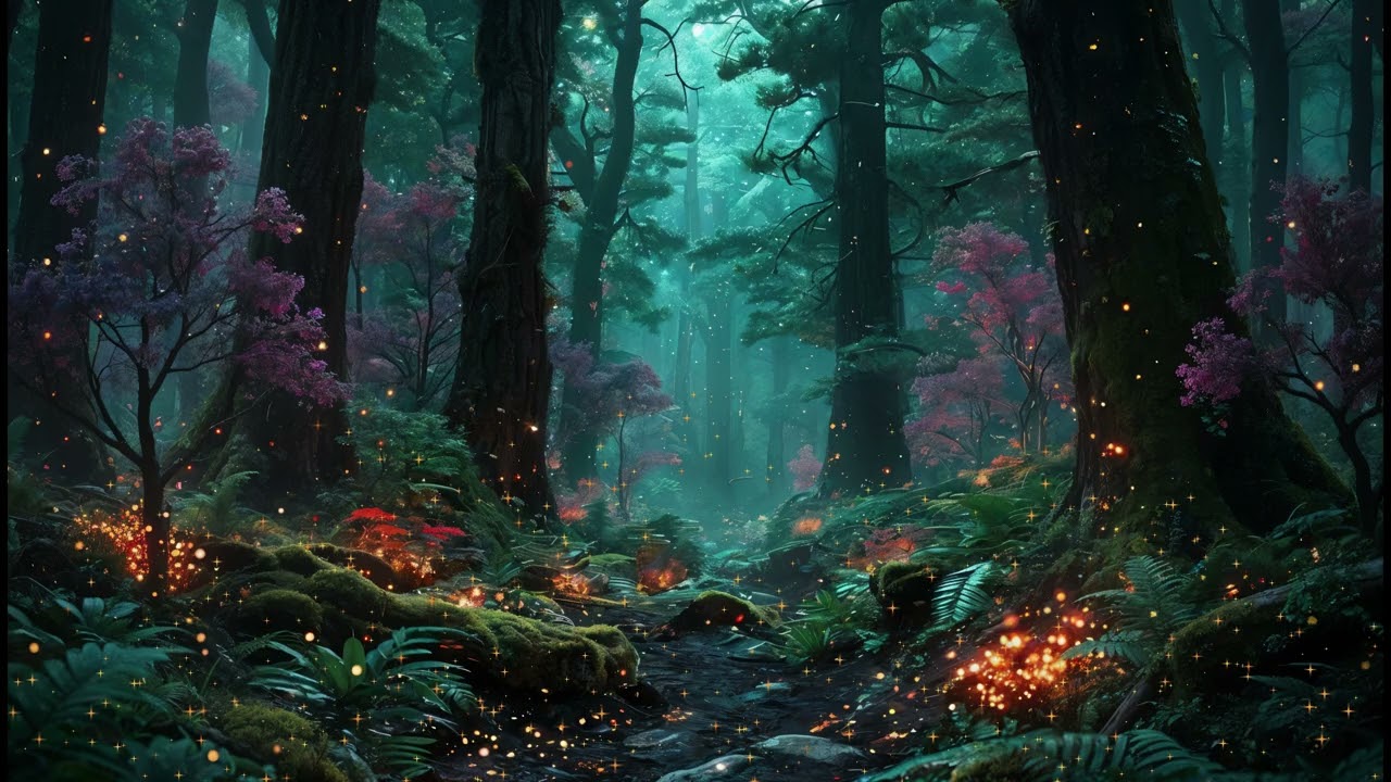 Enchanted Forest Night — Slow Relaxing Music, Fireflies Ambience