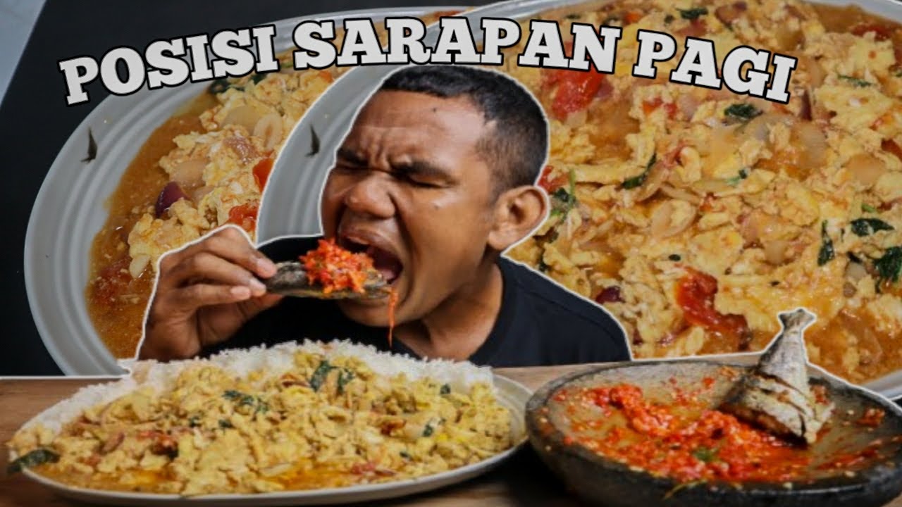 Porsi sarapan pagi!! Mukbang nasi & Telor tomat plus sambal terasi ikan tengiri #mukbang #food 