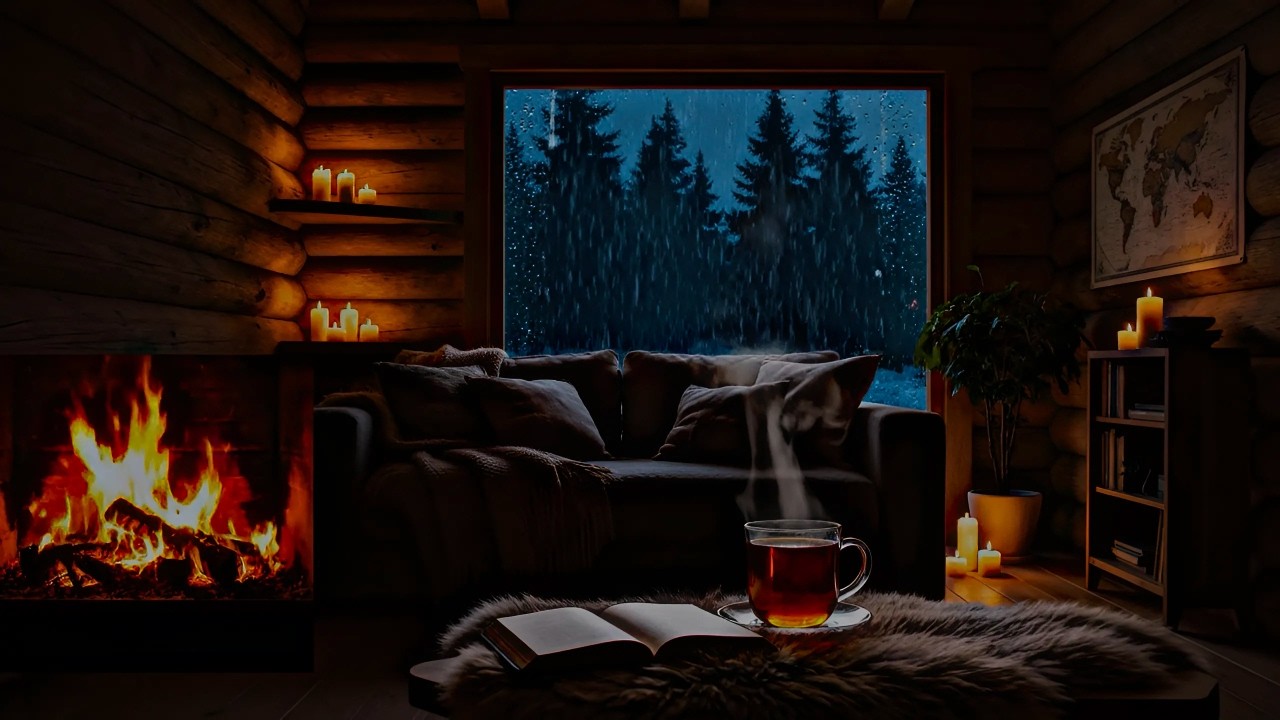 Rainy Night Cabin Ambience 🌧️ Fireplace Sounds with Rain for Relaxation & Sleep