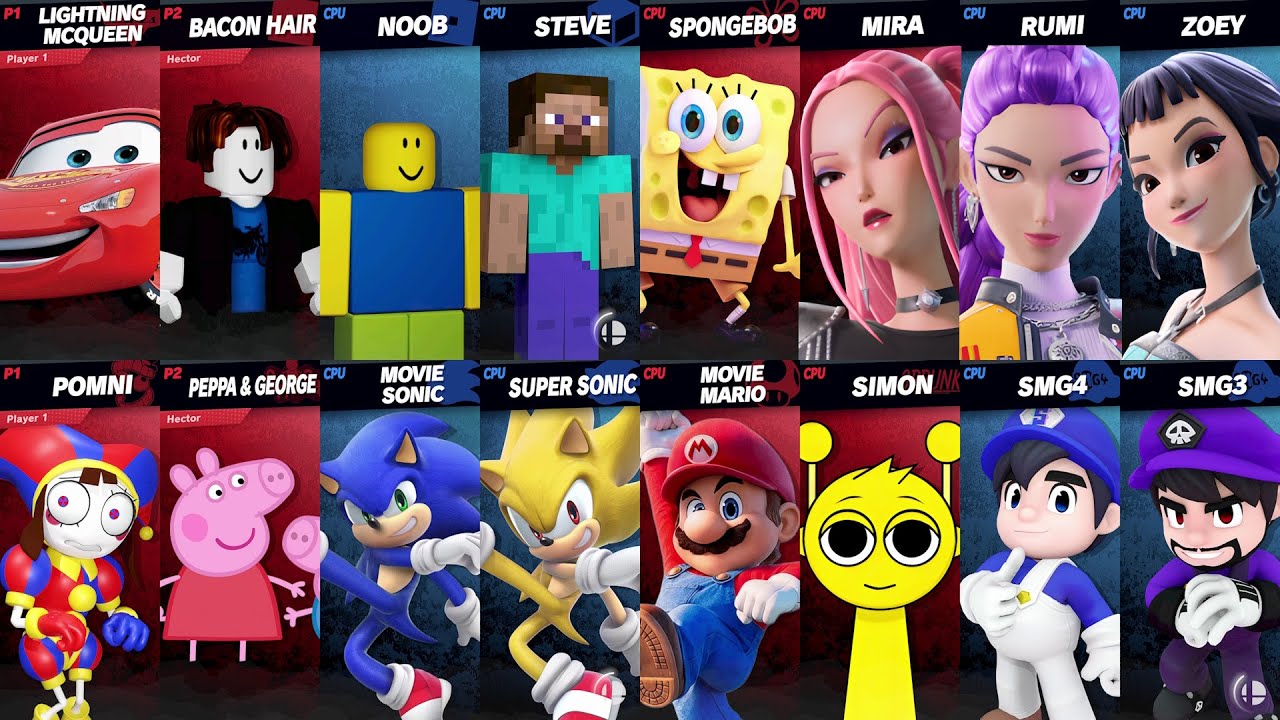 Sonic vs Mario vs Peppa vs SpongeBob vs Rumi vs Roblox vs Minecraft vs Car vs Fortnite | Super Smash
