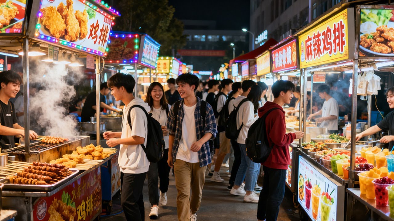 [4K]中国大学生放学后会吃什么？大学城附近火爆的美食街，只花30元逛吃一条街不重样！ | 中国美食China Street Food