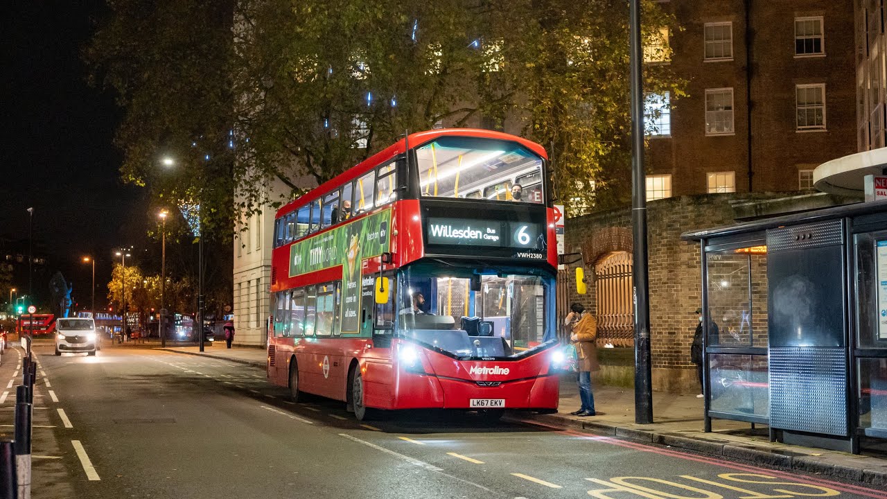 London's Buses after dark on the Edgware Road, 19th November 2020