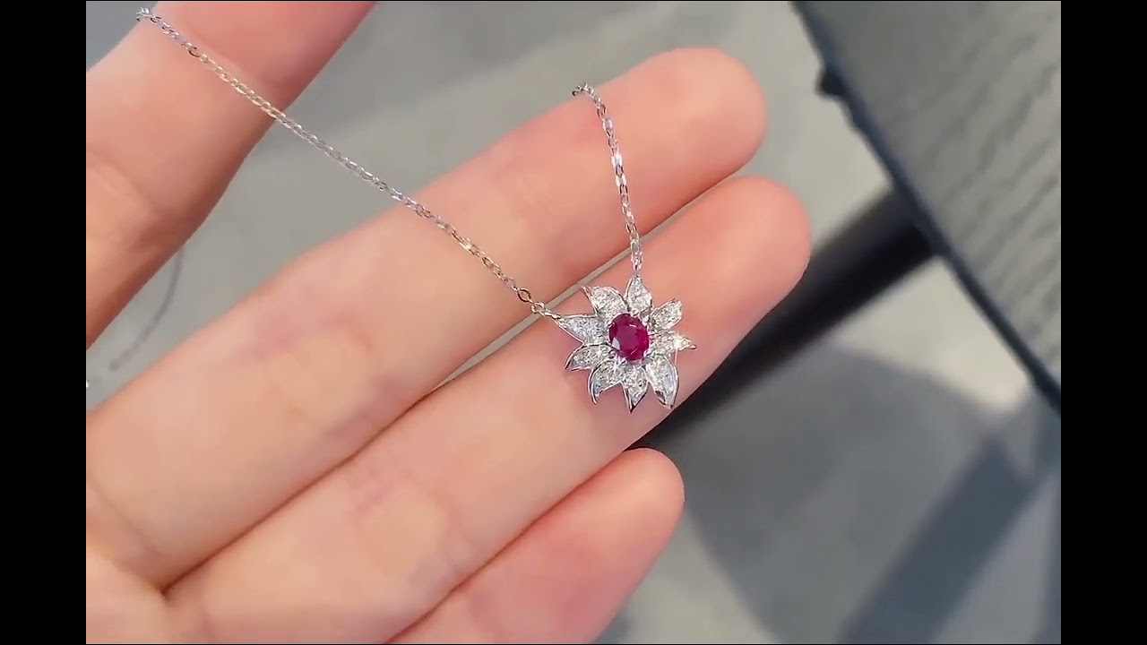 Vivid Red Ruby Necklace in Oval Shape Gemstone 0.19 Cts  with 0.1 Cts Diamonds