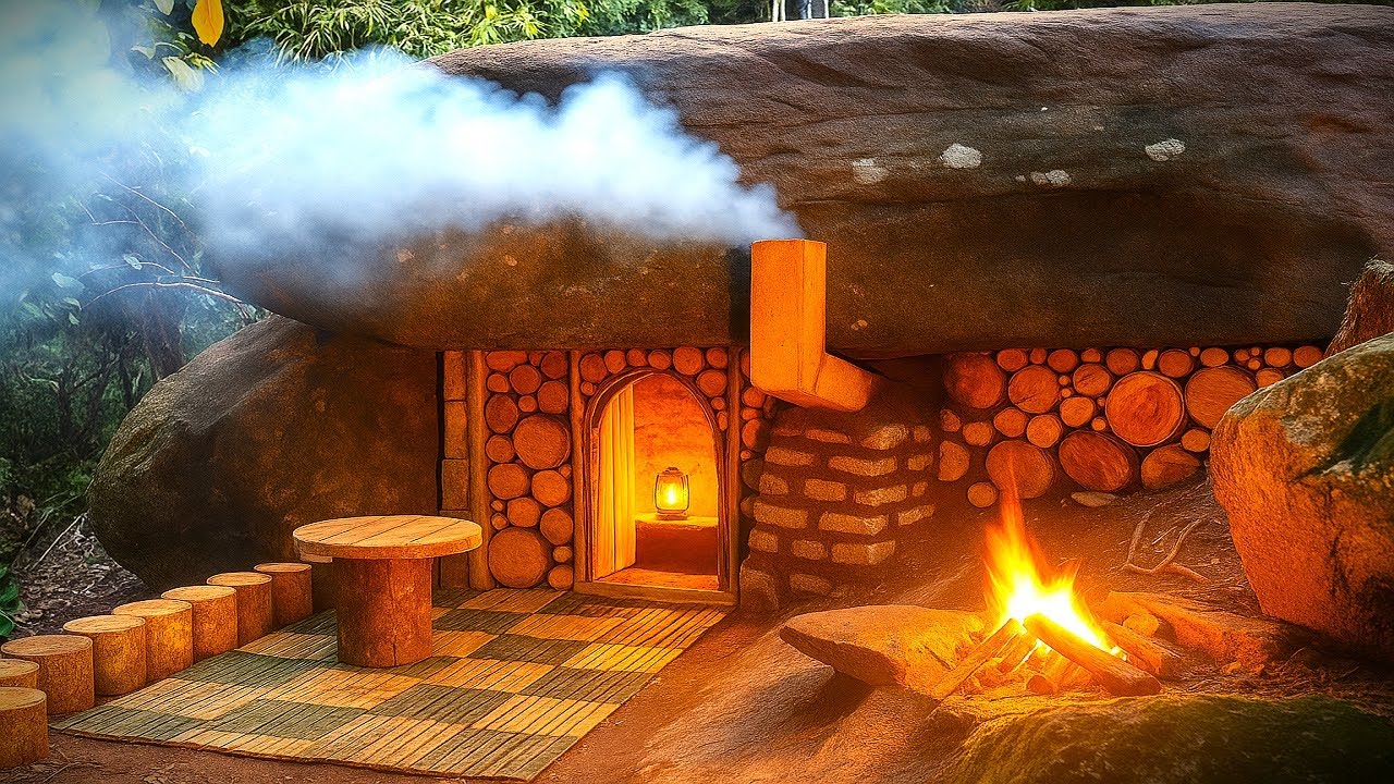 I Built a Hidden Rock House in the Middle of the Jungle