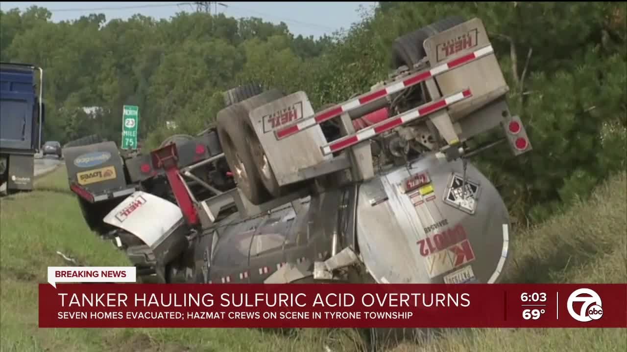 Tanker carrying sulfuric acid overturns on US-23, some residents to be evacuated
