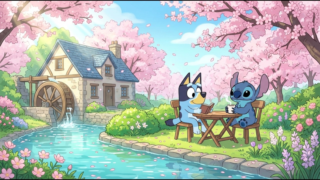 Stitch & Bluey Riverside Reading Springtime 🌿 Gentle Lofi for Morning Relax  🎧 Flowing Water Calm