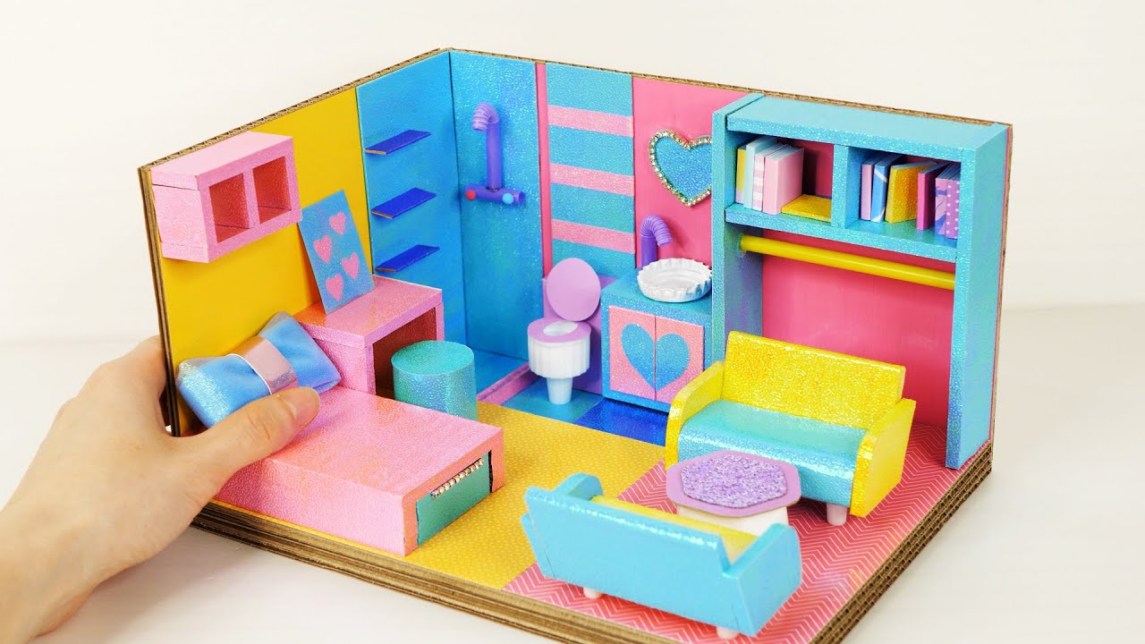 DIY Miniature Cardboard House #49 yellow, pink and blue