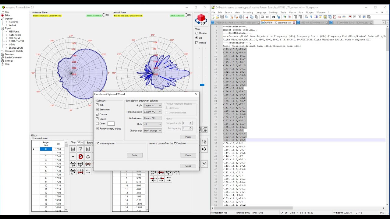 Paste from Clipboard Wizard in Antenna Pattern Editor 2.1