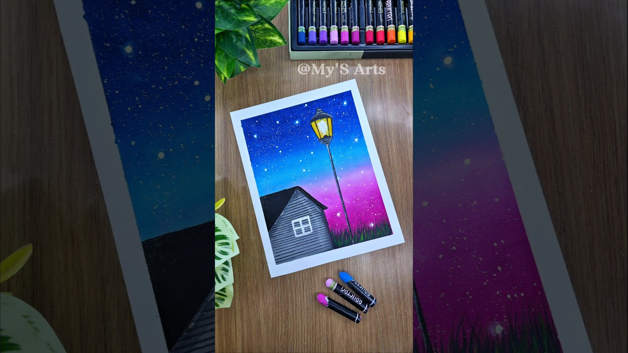 🏠 Easy Beautiful Street Lamp and Home Scenery Drawing 💡✨️ | Oil Pastels Art Tutorial | #art #shorts
