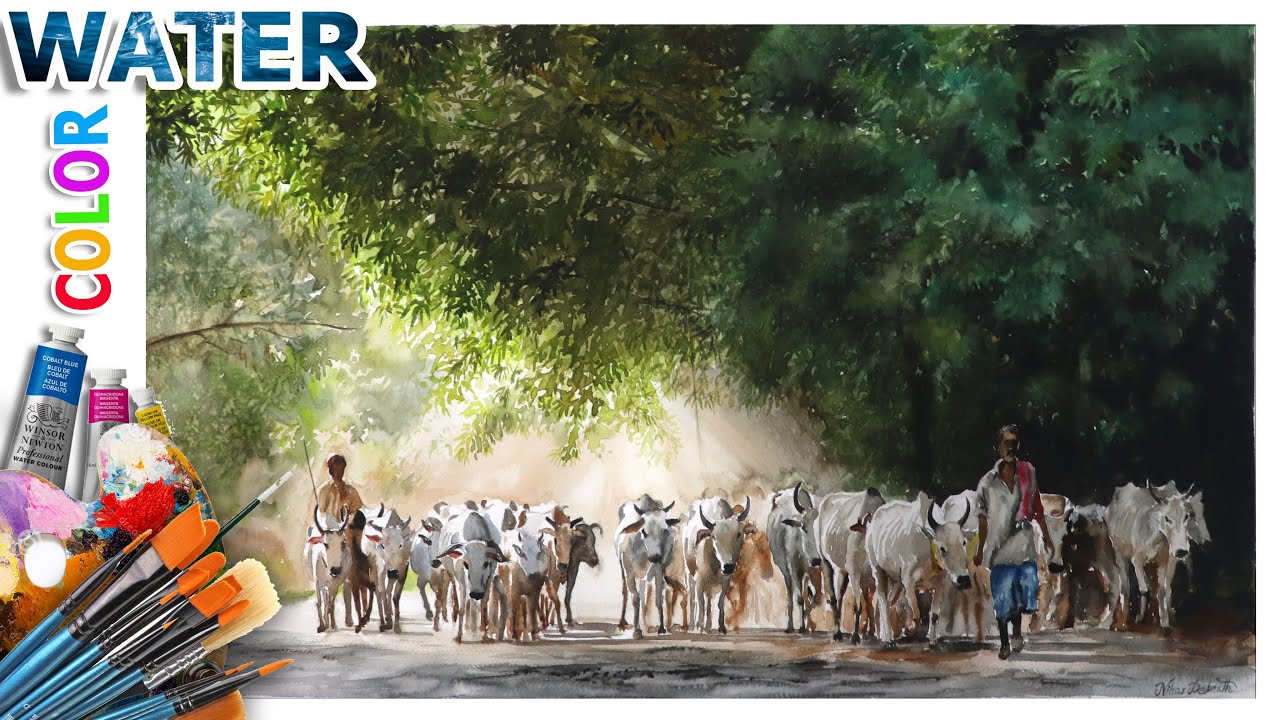 Cows on road watercolor landscape painting