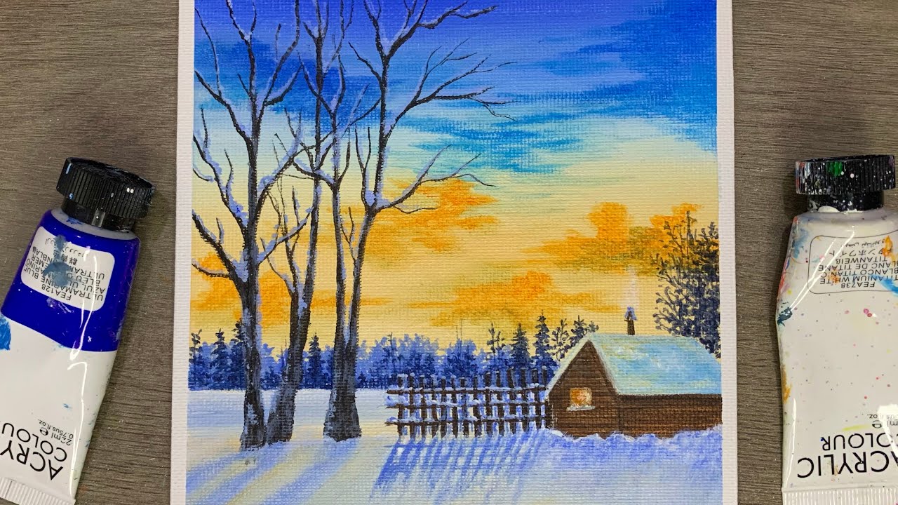 Warming Winter Sunset Painting / Acrylic Painting for Beginners 
