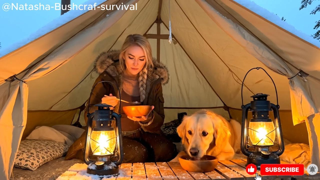 Surviving a Snowy Night Alone in the Forest | Cozy Tent, Warm Lantern, Loyal Dog