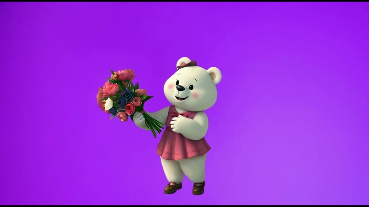 La petite ours blanc et les fleurs 4k green screen