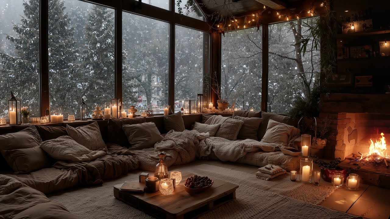 Warm Winter Night Indoors ❄️ Candlelight, Fireplace & Soft Piano Ambience for Stress Relief