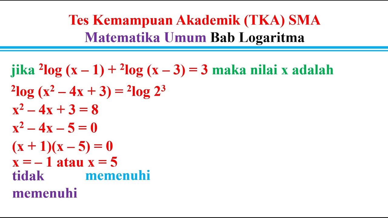 Tes Kemampuan Akademik (TKA) SMA Matematika Umum logaritma jika 2 log (x – 1) + 2 log (x – 3) = 3