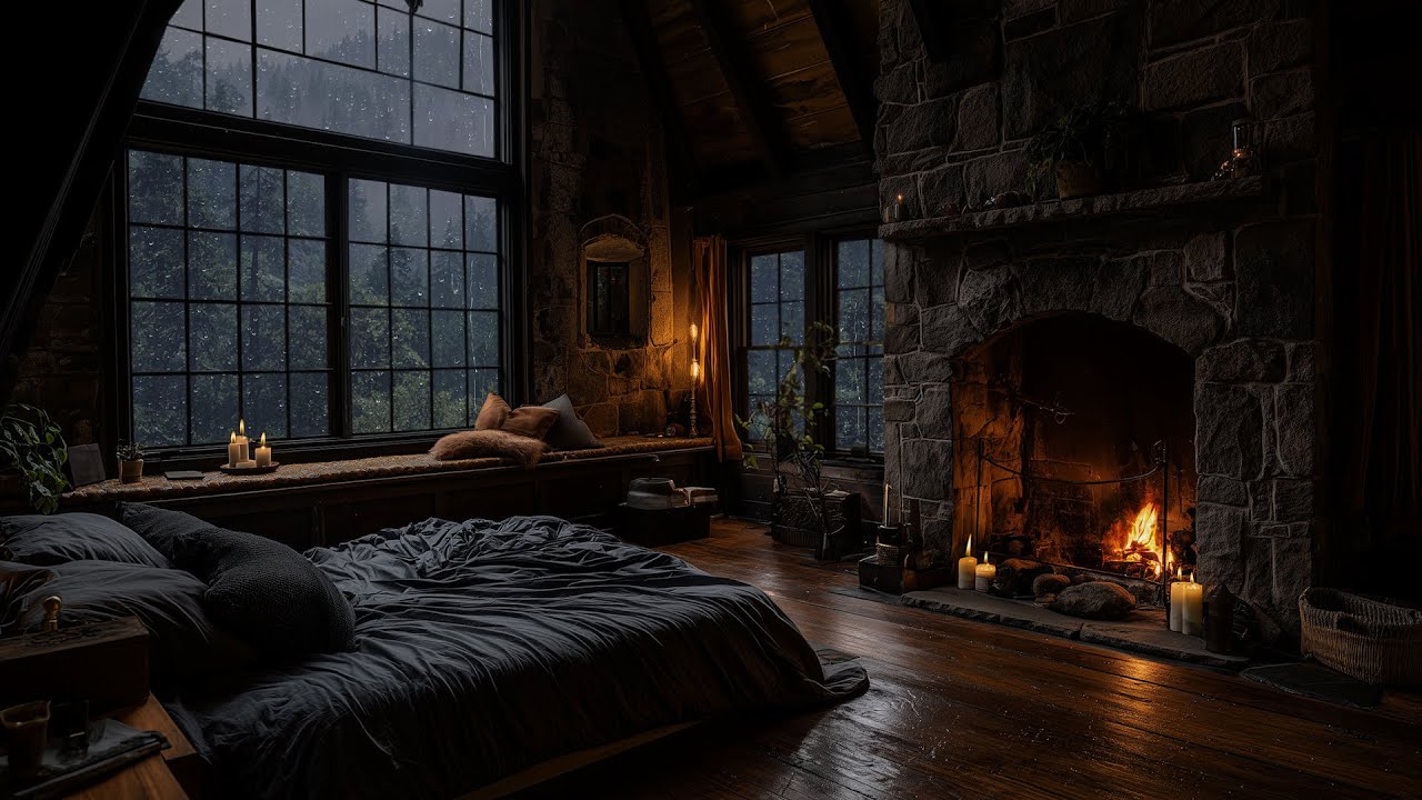 Rain & Thunderstorm with Lightning in the Mountains - Crackling Fireplace & Sleeping