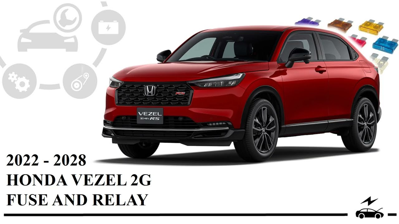 Схема блока предохранителей Honda Vezel 2G 2022-2028 с указанием их назначения и расположения.