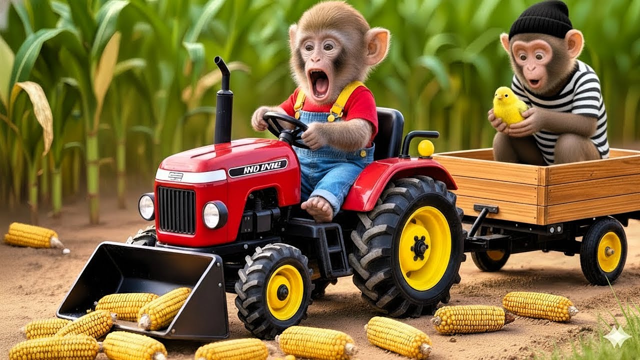🐒🚜 Baby Monkey Nana Drives Tractor To Harvest Corn But Sneaky Thief Saves Baby Bird