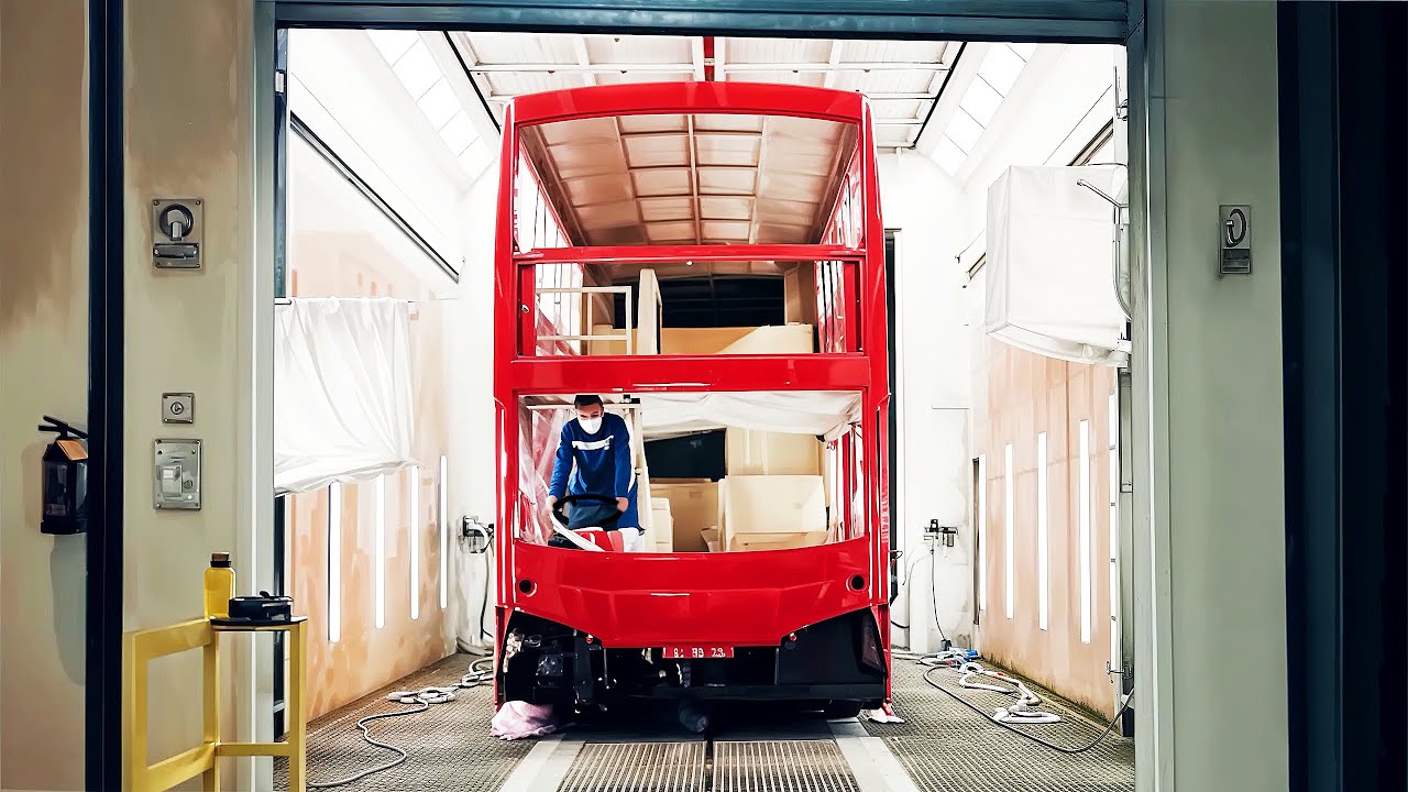 How double-decker buses are produced in factory. Production process and review