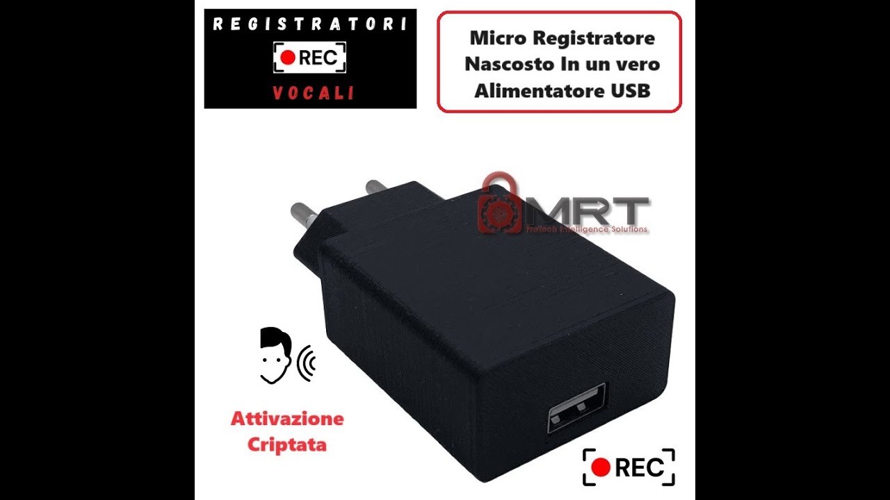 Mini registratore spia nascosto in un vero alimentatore USB funzionante