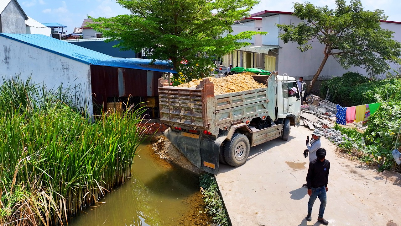 amazing first new project landfill build house , truck transport soil , bulldozer old push soil