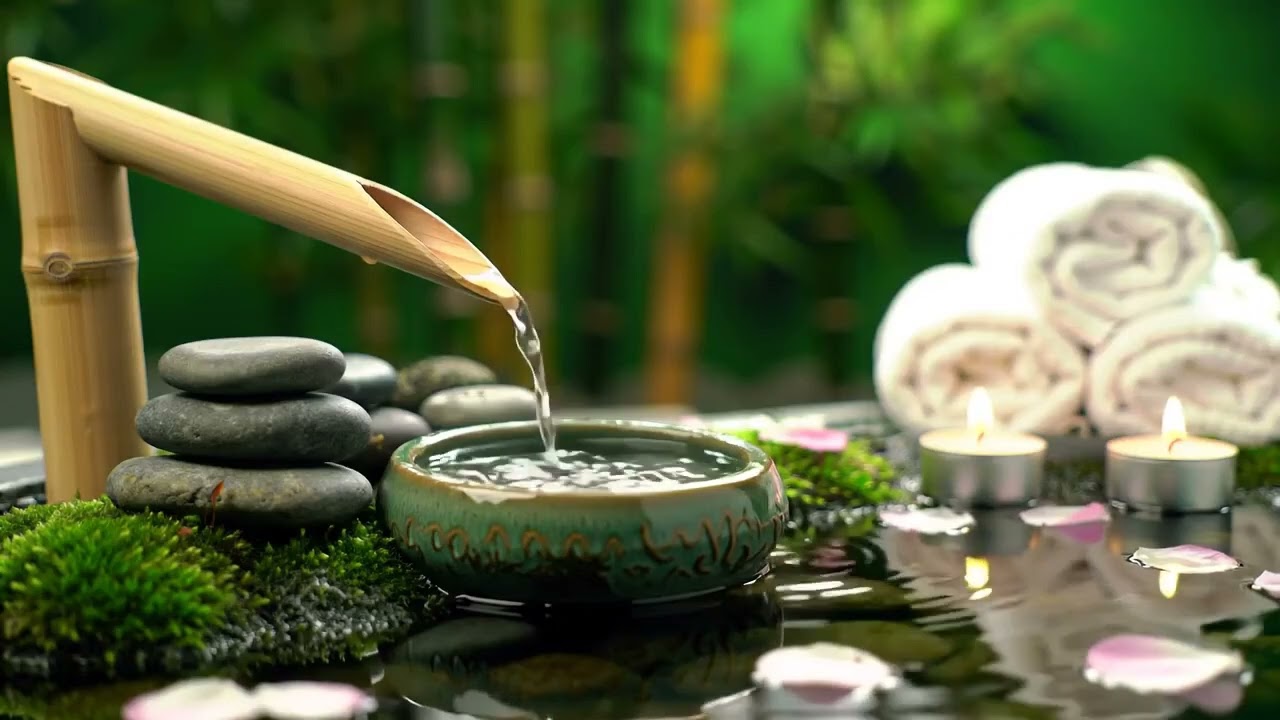 Peaceful Zen Elemental Atmosphere Bamboo Fountain and Candlelight with Earth, Water, Air & Light Har