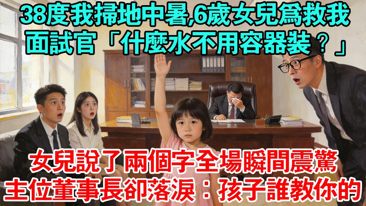 38度我掃地中暑暈倒6歲女兒為救我誤闖面試辦公室面試官提問「什麼水不用容器裝？」清華碩士，哈佛MBA都回答錯誤女兒說了兩個字全場瞬間震驚主位董事長落淚#為人處世#生活經驗#情感#人生感悟 #故事頻道