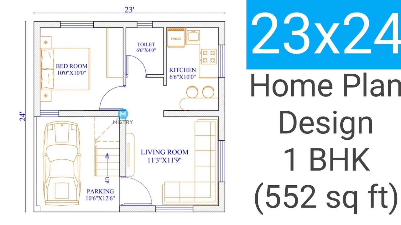 22x24 home plan | 1 BHK | 552 Sq.ft. |