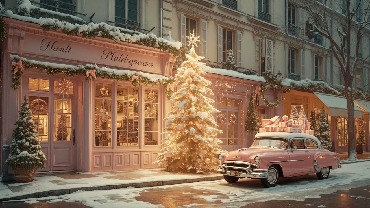 Pink Vintage Christmas Shop In Paris | Relaxing Jazz Music | Cozy Winter Snow Ambience 🩷✨