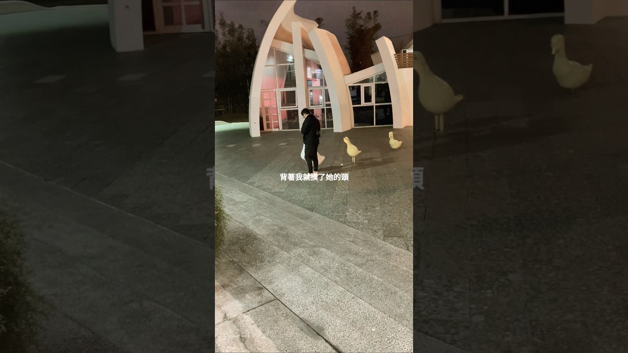 背著我摸了她的頭。擋住我的視線，但影子說明一切。