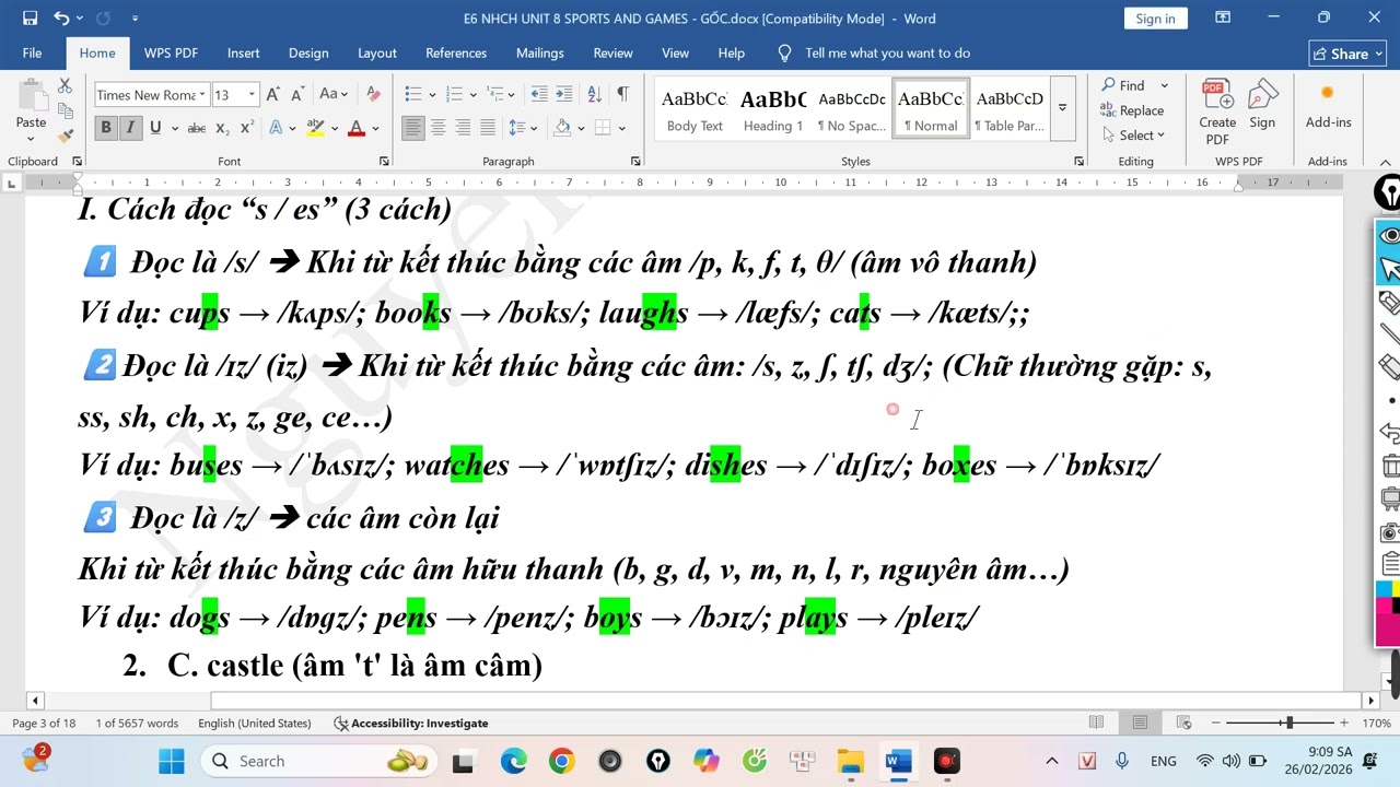 UNIT 8 SPORTS AND GAMES - PRONUNCIATION 1 (S,ES,ED) - TIẾNG ANH KHỐI 6; GLOBAL SUCCESS.