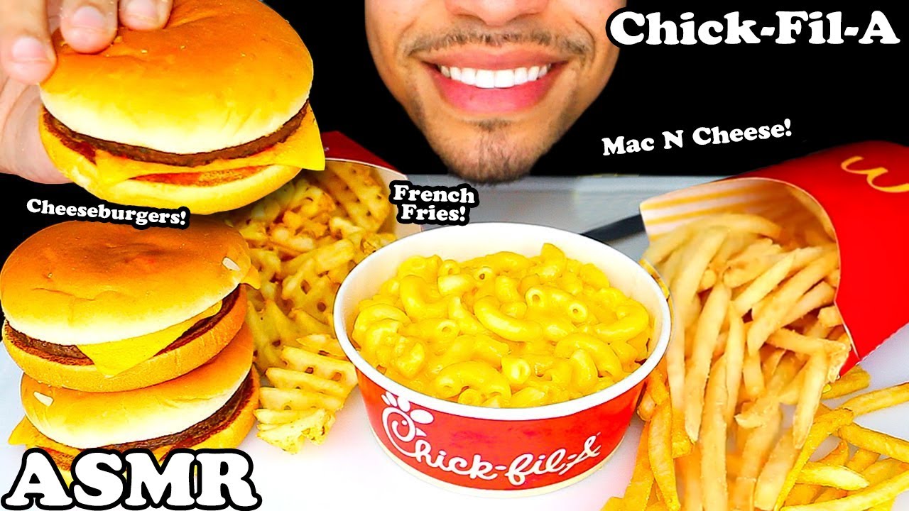 CHICK-FIL-A MAC N CHEESE MCDONALDS CHEESEBURGER FRIES STIRRING EATING SOUNDS BIG BITES JERRY ASMR
