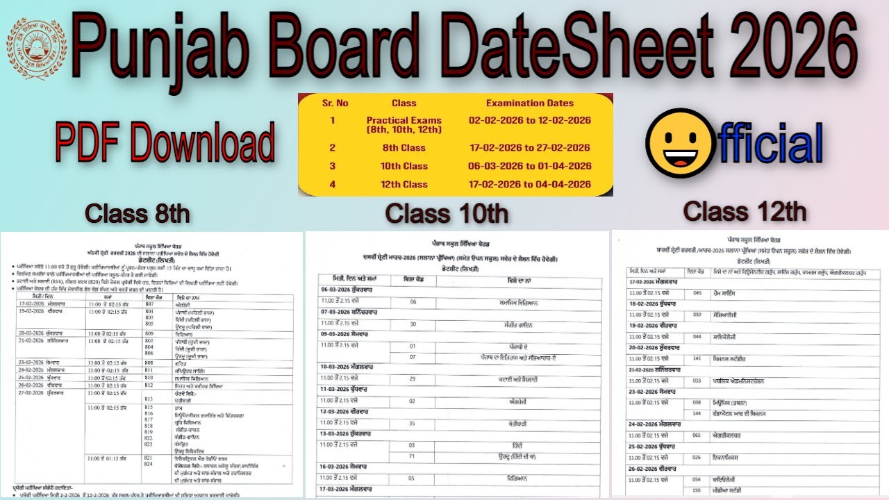 PSEB DATESHEET 2026 | PUNJAB BOARD DATE SHEET 2026 CLASS 8,10,12 PDF DOWNLOAD