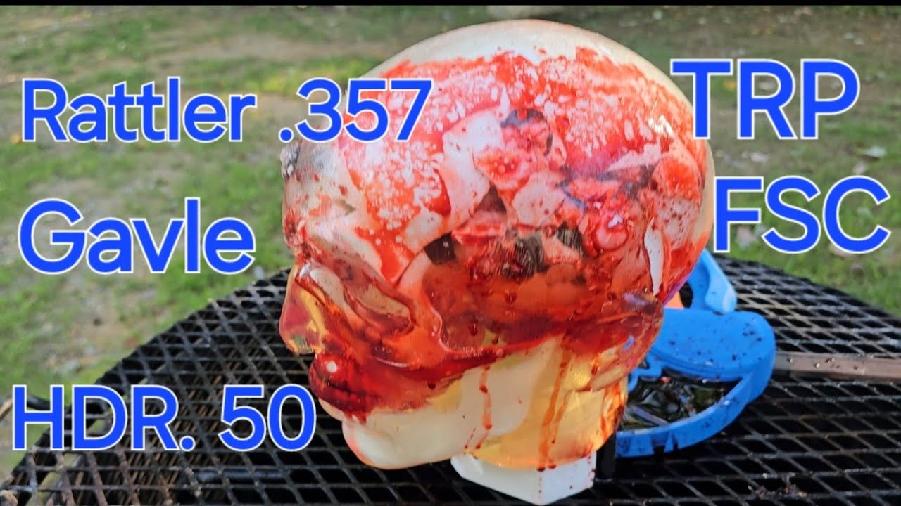 Full Video with slow motion: Ballistic Head/Skull Less Lethal Gavle, HDR, TRP, FSC: Rattler .357. .