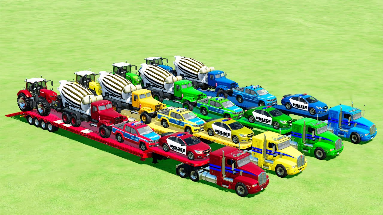 TRANSPORTING POLICE CARS, RESCUE VEHICLES, AMBULANCE, MIXER TRUCK, WITH BIG TRUCKS TO GARAGE, FS 22