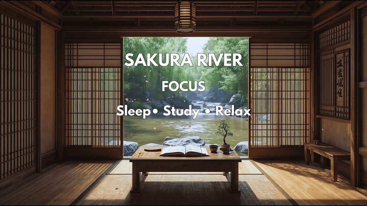Study Ambiance with River Sounds 🌊 Asian Bamboo Hut Ambience | Sakura Petals 🌸 for Concentration