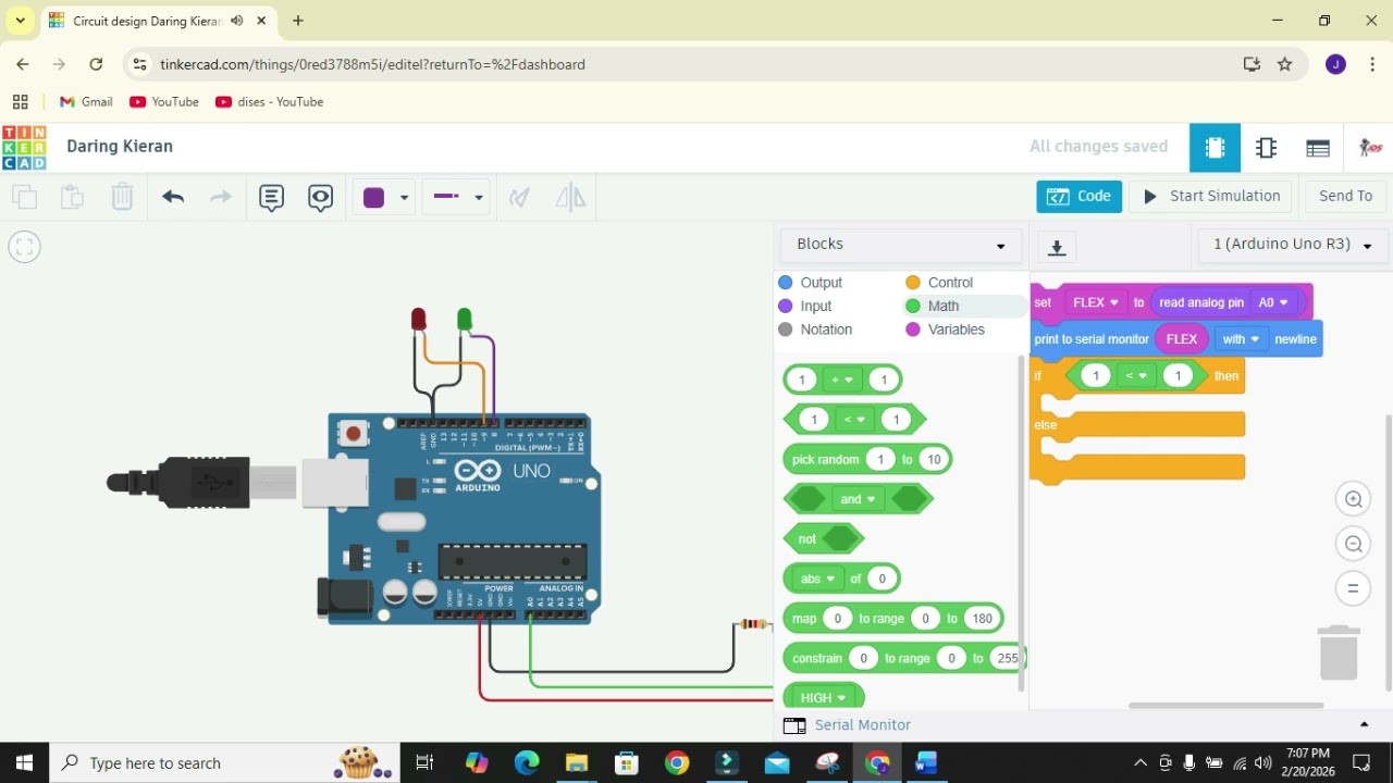 #10 Flex Sensor with LED Indicator in Tinkercad | Arduino Project Tutorial