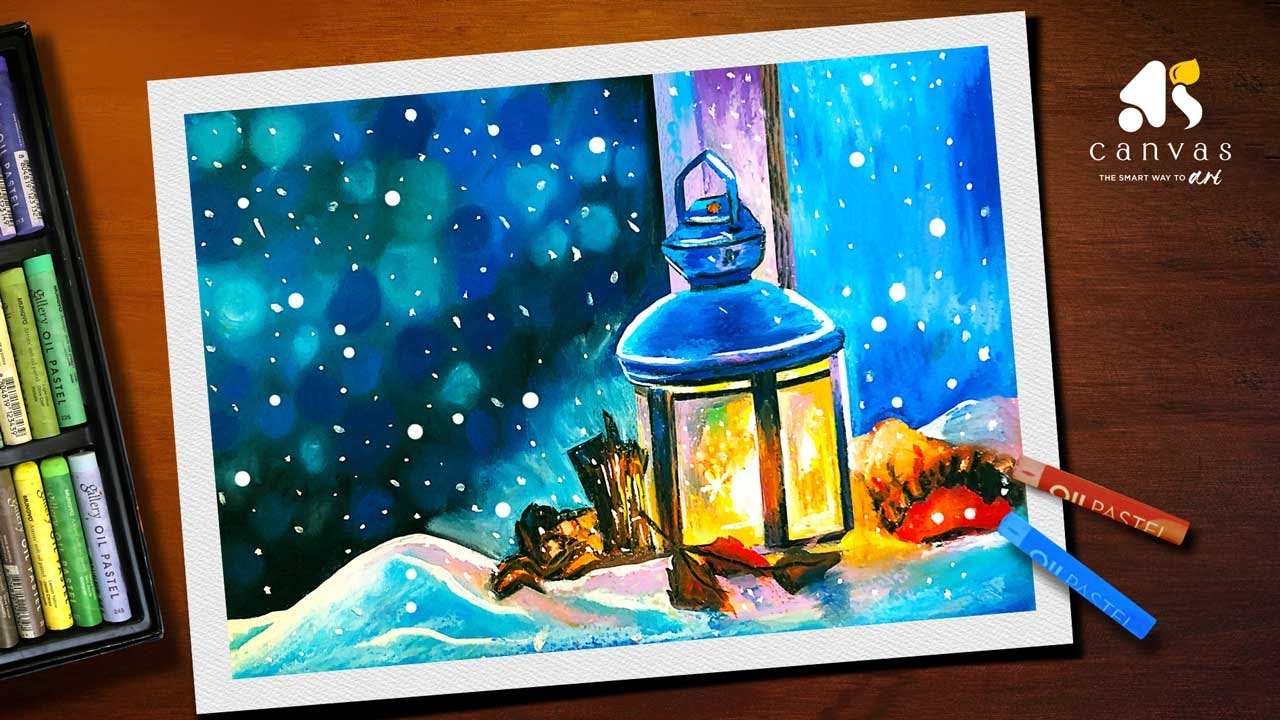 Oil Pastel Christmas Lantern Drawing / Christmas Special Lantern Drawing with Snowfall