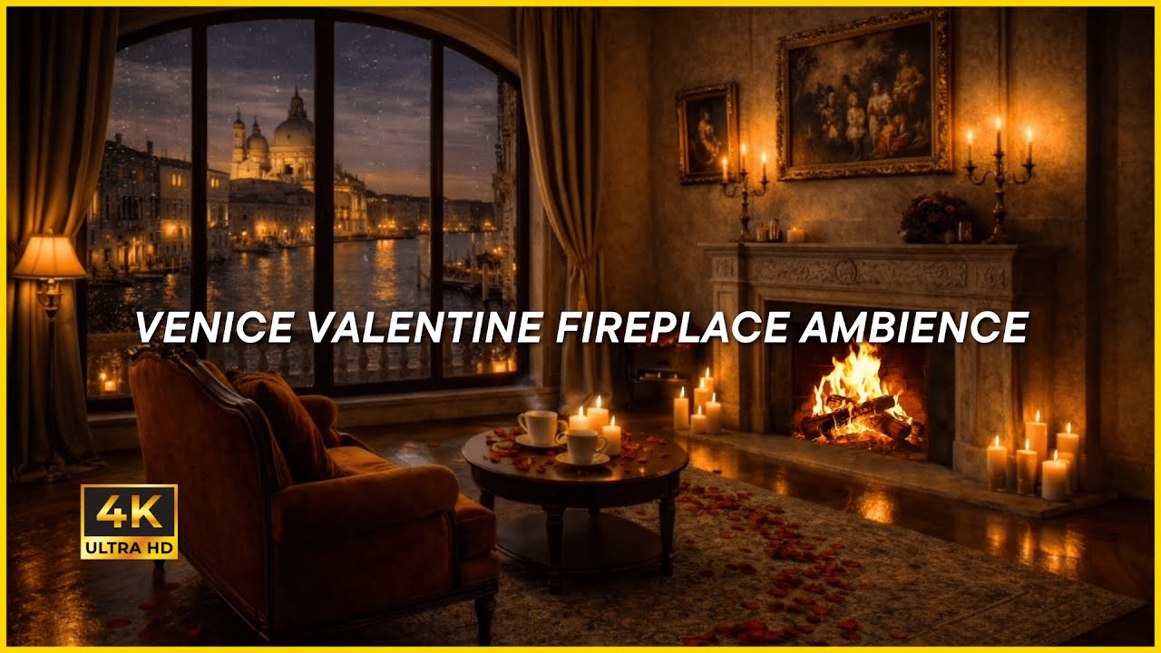 VENICE VALENTINE FIREPLACE AMBIENCE (4K) | Romantic Night Ambience, Venetian Palazzo View