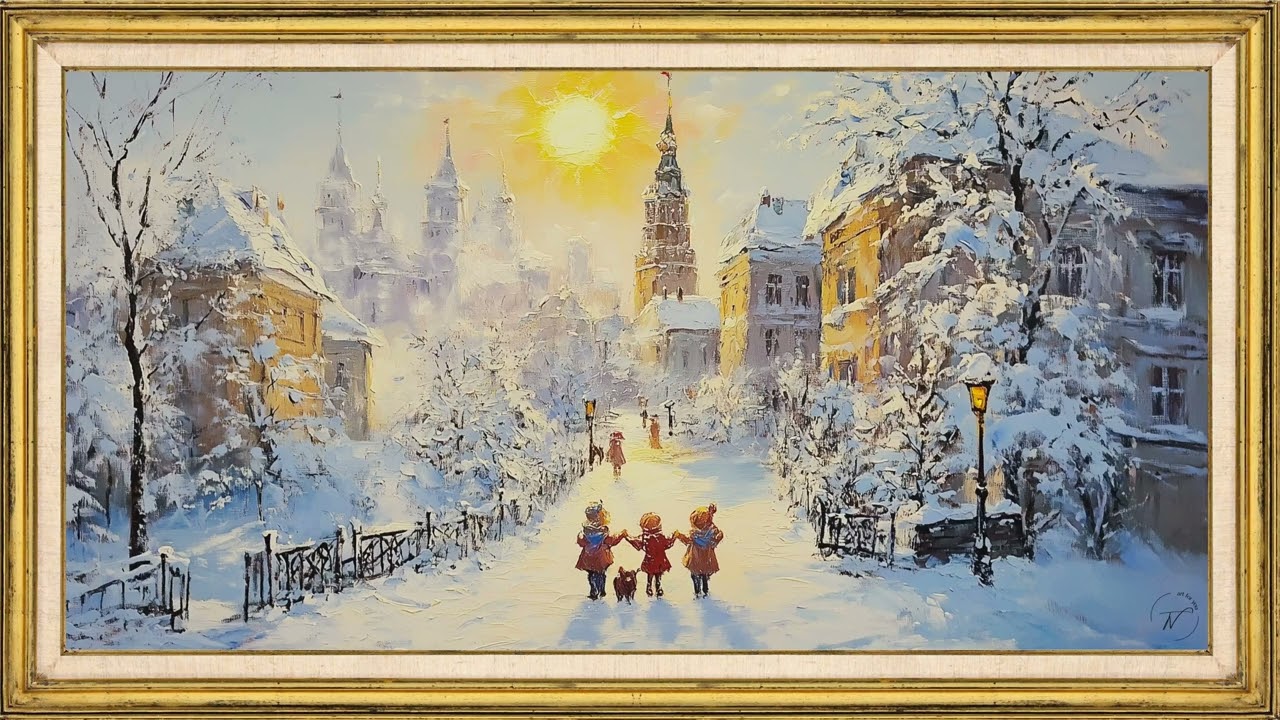 Winter City Street Painting | 2 Hour TV Frame Art Screensaver | Cozy Snowy Town Ambience