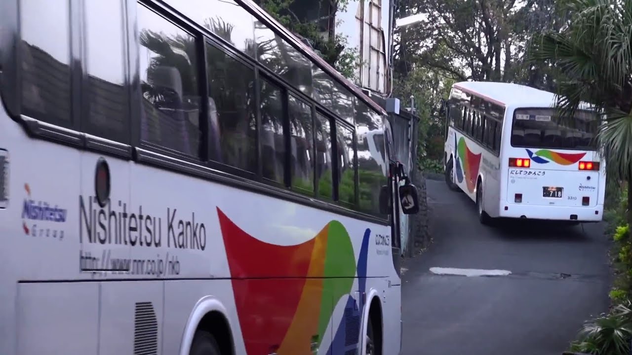 バス運転手『落ちて来ないよね前のバス？』ディーゼル轟かせ続々登る 修学旅行の舞台裏 西鉄観光バス 大型バス動画 Tourist bus start advance at RYOKAN.