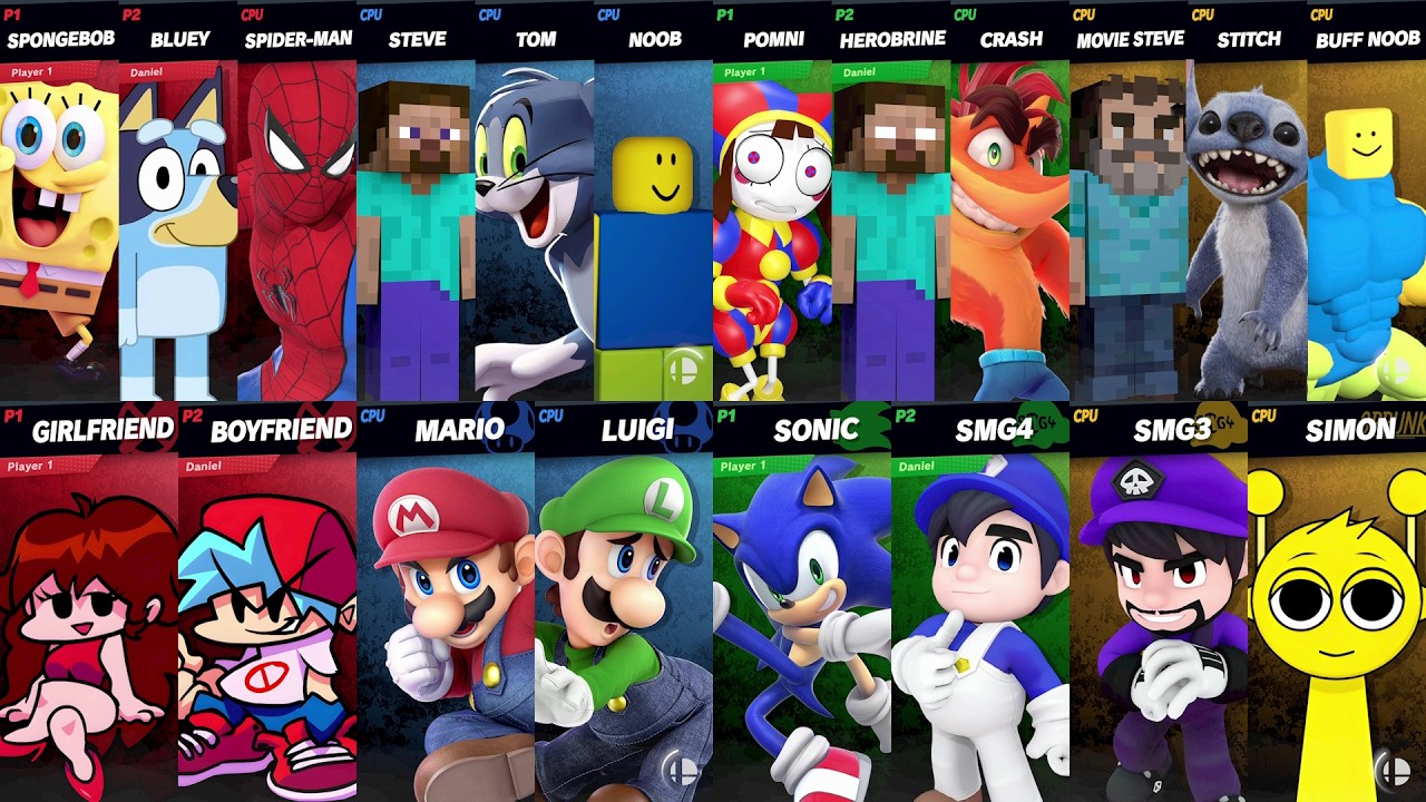 NEW Sonic vs Mario vs Roblox vs Minecraft vs Tom vs Spider-Man vs Bluey vs Steve in Super Smash Bros