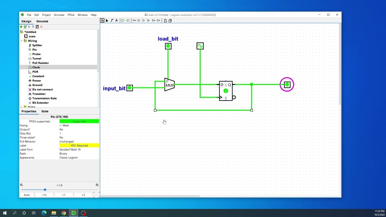 One bit memory using a D flip flop and a multiplexer