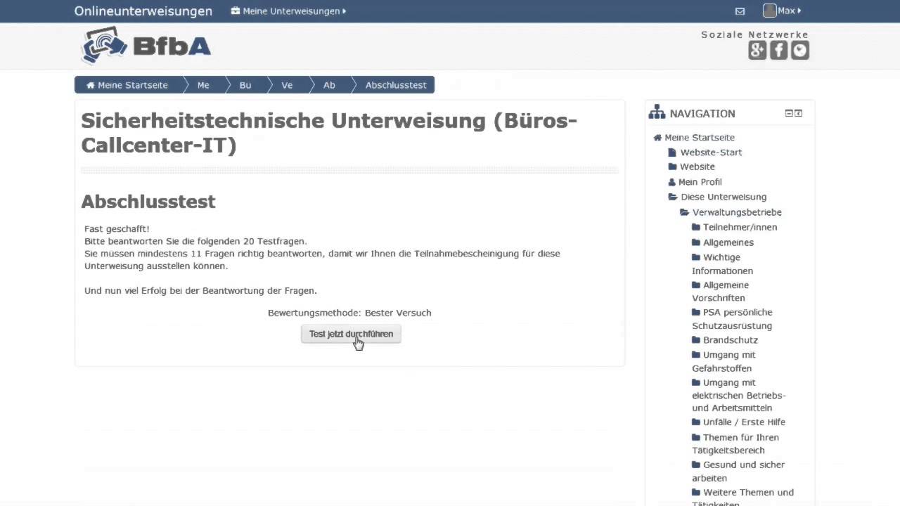Sicherheitstechnische Onlineunterweisung der BfbA