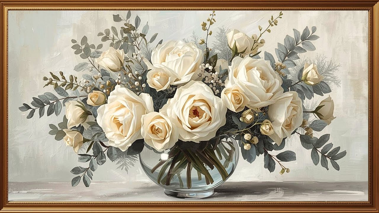 Timeless White Roses in Gold Frame | Elegant 4K Frame TV Art for Refined Interiors