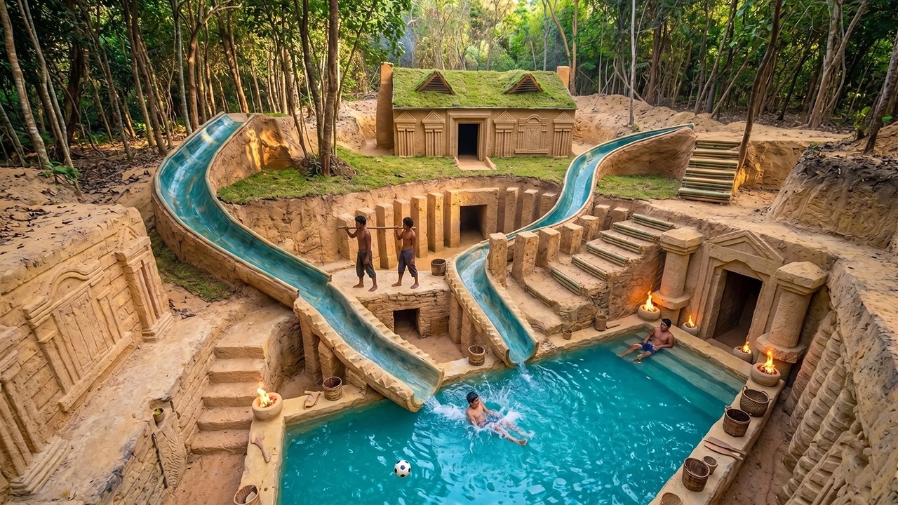 Building a Luxury Clay House with Complex Multi-Pool Water Slide Systems Beside a Jungle Waterfall